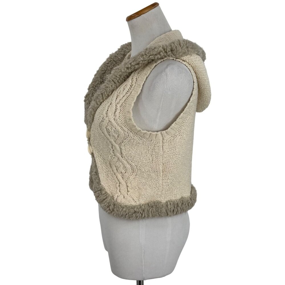 Vtg Y2K Old Navy Cream Cable Knit Faux Shearling Trim Hooded Boho Sweater Vest L - Picture 13 of 16